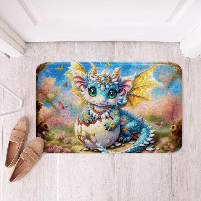 Cartoon Blue Dragon Kids Bath Mats,Western Animal Magical Tale Mats Rugs for Girls,Daisy Flowers Butterfly Rustic Natural Bath Carpets,Bright Bath Rugs,Absorbent Floor Mats,16Wx24L Inches