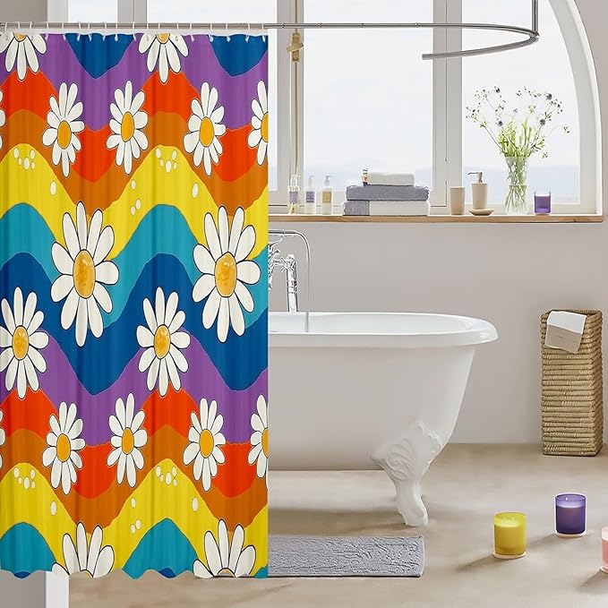 70S Groovy Flower Bathroom Curtain 72"Wx72"L,Boho Rainbow Floral Bath Curtain for Kids Boys Girls,Hippie Flowers Bohemian Daisy Shower Curtain Retro Funky Decor Bathroom Decor Set 2000S Home Decor