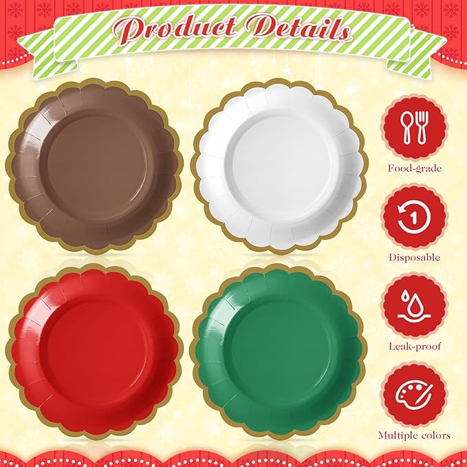 48 Pcs Christmas Paper Plates 7 Inch Red Green White Dessert Scalloped Edge Disposable Dinner Plates for Fall Halloween Wedding Birthday Baby Shower Party Supply