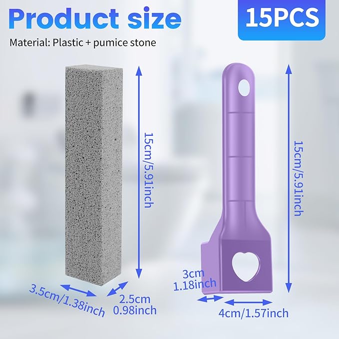 15 Packs Pumice Cleaning Stone, Pumice Stone for Toilet Cleaning with Removable Extra Long Handle, Powerful Cleaner for Hard Water Rings,Calcium Stains, Stone Toilet Bowl Cleaner for Home (15, Purple)