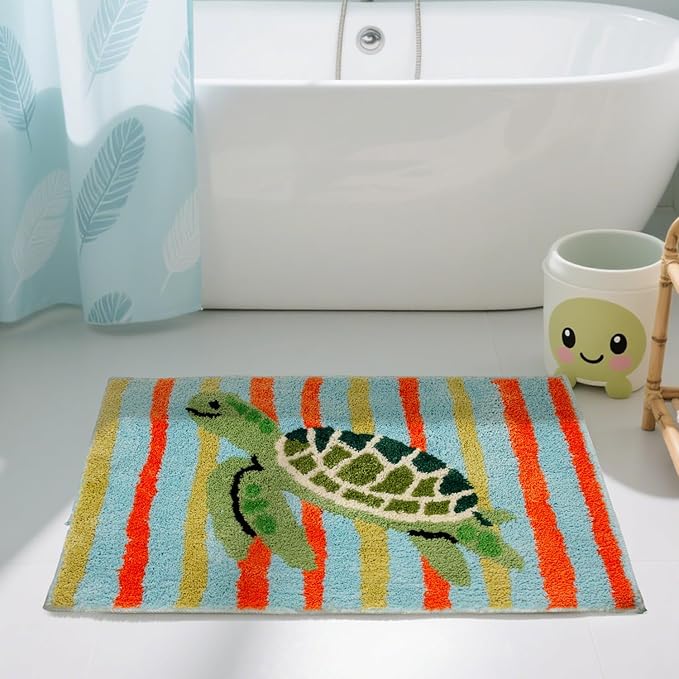 Beach Turtle Bathroom Mat, Blue Sea Life Tufted Bath mat Non Slip, Machine Washable Cute Kids Bathtub mat Bathroom Bedroom Decoration 31.5x19.7 inches (Turtle)