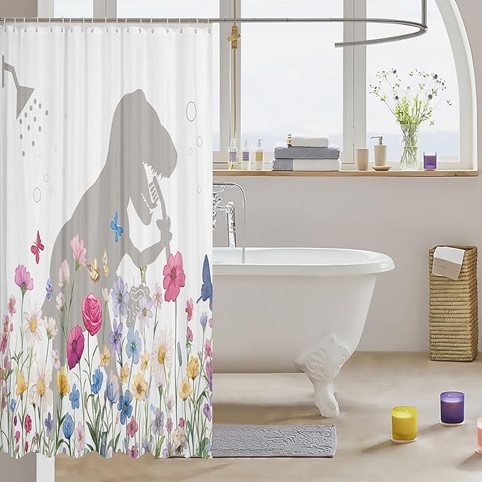Feelyou Dinosaur Shower Curtain Shower Dino Fabric Shower Curtain for Kids Boys Girls Spring Flowers Bathroom Waterproof Accessories with 12 Hooks Butterflies Curtains,72x72 Inches