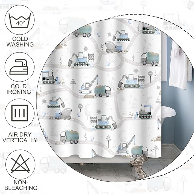 Excavator Kids Shower Curtain Sets Cartoon Construction Truck Tractor Car Bathroom Decor Fabric Polyester Waterproof 84x72 Inches with 14 Hooks for Boys Machinery Vehicle Bath Curtains