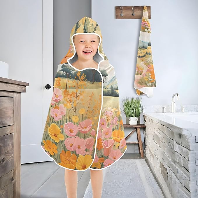 Hooded Towel for Kids Floral Path Painting Beach Wrap Bath Towels 50x23.5in