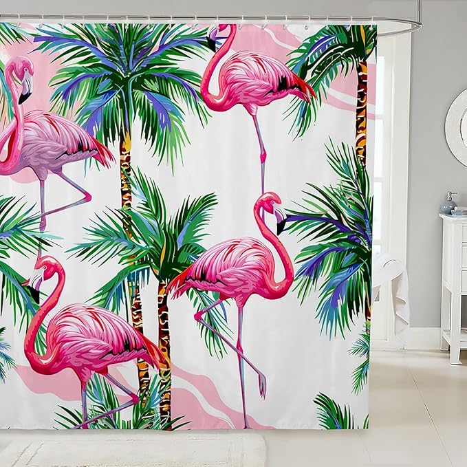Palm Tree Shower Curtain Pink Flamingos Bathroom Shower Curtain Set for Stalls Bathtubs Tropical Exotic Birds Palm Trees Bath Curtain Nature Theme Waterproof Bathroom Curtains Room Decor 72x84 Inch