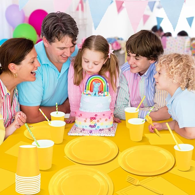 229PCS Yellow Party Supplies Set Paper Disposable Plates Cups Plastic Spoons Forks Knives Yellow Napkins for 30 Guests Disposable Party Dinnerware Sets for Wedding Birthday Parties
