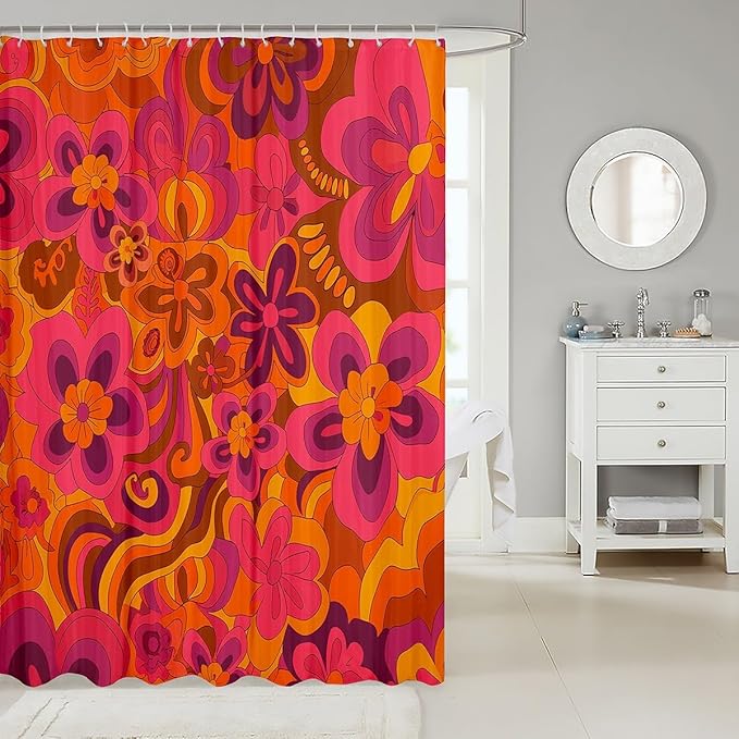 Kids Retro Hippie Flowers Shower Curtain Vintage Boho Floral Print Bathroom Shower Curtain Set for Boys Teens Botanical Blossom Bath Curtain 60S 70S Groovy Blossom Kids Bathroom Accessories 72"x84"