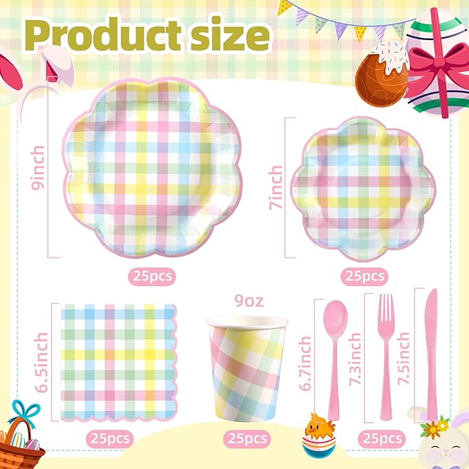 175 Pcs Easter Checkered Plates and Napkins Party Supplies - Easter Paper Plates Sets Serve 25 Guests - Spring Pink Blue Yellow Pastel Plaid Plate for Picnic Easter Birthday Party Decorations