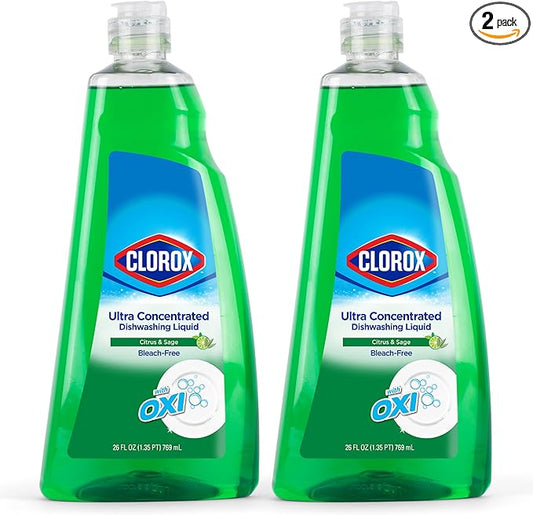 Clorox Ultra Concentrated Liquid Dish Soap with OXI, Citrus and Sage Scent - Bleach-Free Dermatologist Tested Dishwashing Detergent That Powers Through Grease, 26 Fl Oz - 2 Pack
