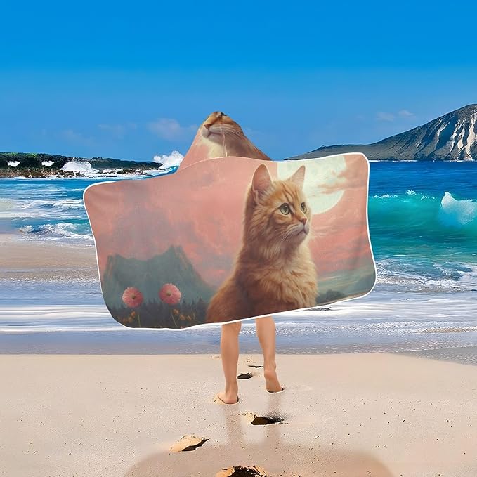 Hooded Towel for Kids Orange Cat and Pink Flowers Near The River Beach Wrap Bath Towels 50x23.5in