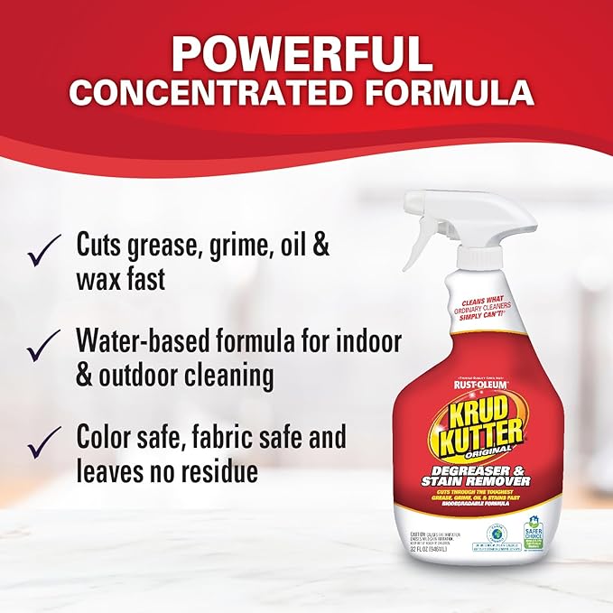 Krud Kutter Original Cleaner Degreaser Spray, 32 oz, Heavy Duty Multi Surface Cleaner for Grease, Oil and Tough Stains, Ready to Use for Kitchen, Garage, Floors and Outdoor Surfaces