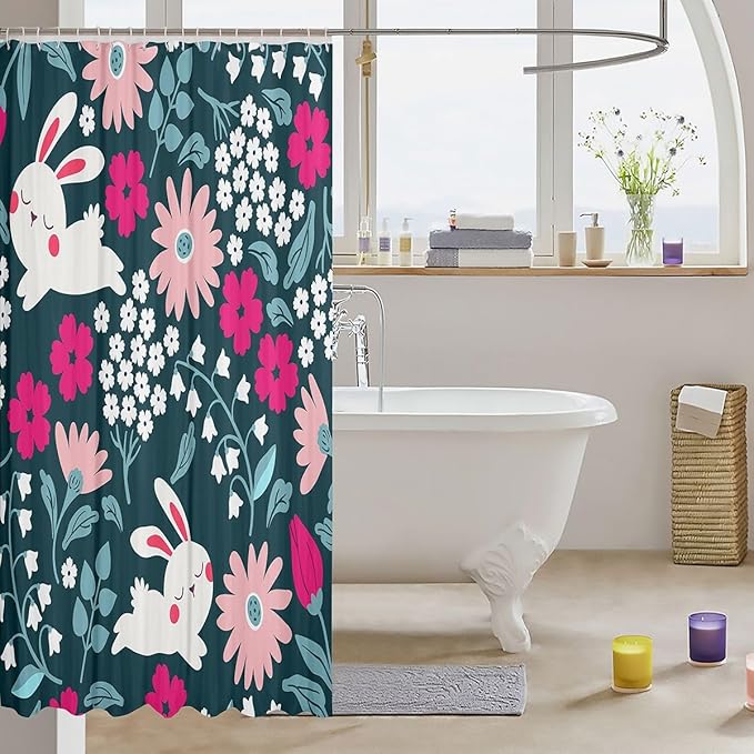 Cute Rabbit Shower Curtain with Hooks Cartoon Bunny Print Fabric Bathroom Shower Curtain Boys Girls Lovely Little Floral Rabbit Decor Waterproof Shower Curtains Botanical Animal Curtain,72x72 Inches