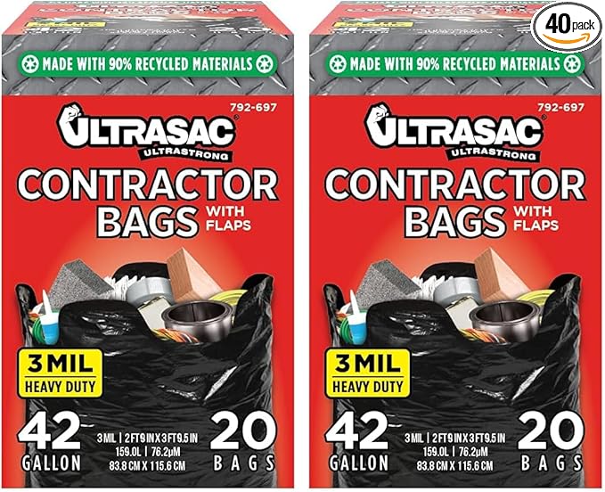 Ultrasac Contractor Bags 42 Gallon (/w FLAP TIES),32.75 x 44.5-3 MIL Thick Large Black Heavy Duty Industrial Garbage Trashbags for Professional Construction and Commercial use,(Pack of 40)