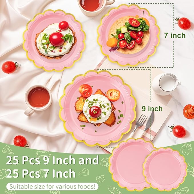 50 Pcs Light Pink Paper Plates, 25 Pcs 9" and 25 Pcs 7" Disposable Pink Scalloped Plates with Gold Foil for Graduation Wedding Baby Shower Birthday Party Picnic BBQ Valentines Day
