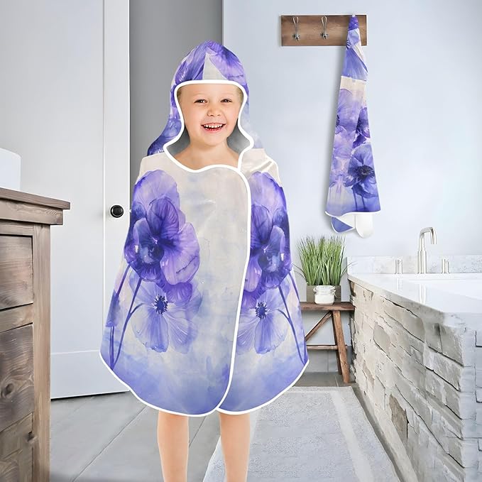 Hooded Towel for Kids Purple and Blue Flowers Water Color Beach Wrap Bath Towels 50x23.5in