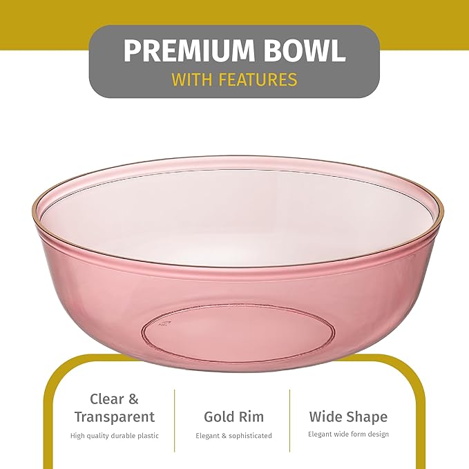 PLASTICPRO Plastic Party Plates Edge Collection Premium heavyweight Elegant Disposable Tableware Dishes (Translucent Pink With Gold Rim, 16 OZ BOWLS)