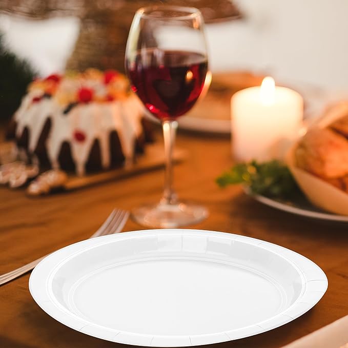 QZYL 50 Round White Party Plates Pack, 9 Inch Disposable Paper Plates for Daily Meals, Picnics, Camping, Birthdays, Weddings, Christmas