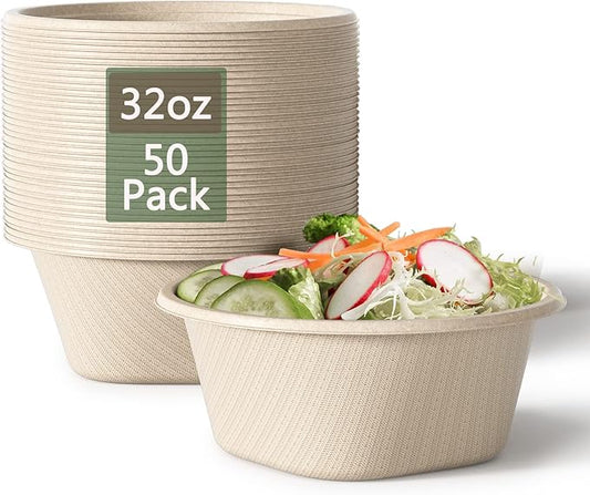 32 Oz Deep Paper Bowls Disposable Bowl - Disposable Heavy Duty Compostable Bowls, Eco-friendly Sugarcane Bagasse Biodegradable Bowl for Soup, Salad, Dessert, Ice Cream [50 Pack without Lds]