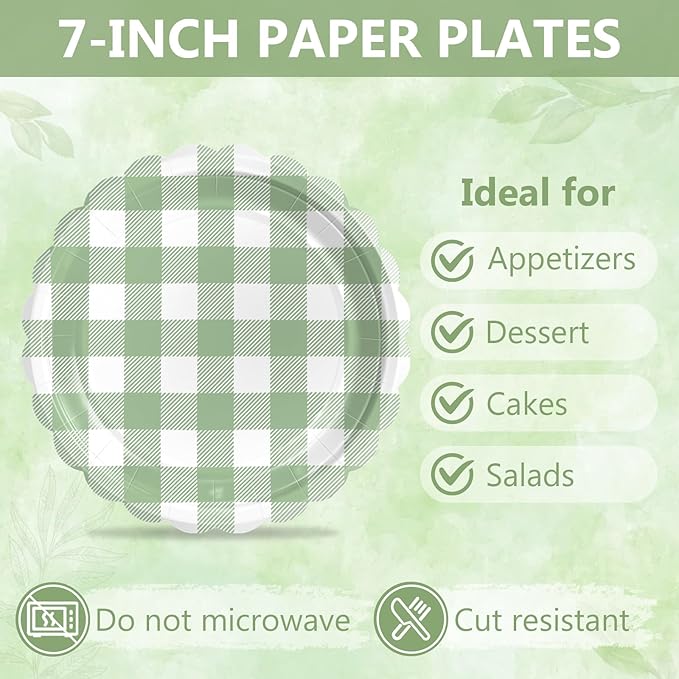 Mulbozy 75 Sage Green Gingham Plates and Napkins Disposable Set Includes 25 Dessert Cake Scalloped Plates, Cocktail Napkins & Forks, for Fork 25 Guests Holiday Party Supplies.
