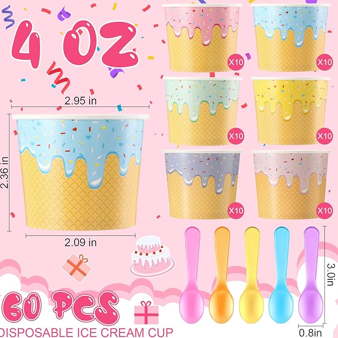 Jingmore 60 Set Paper Ice Cream Cups Bulk with Spoons 4 oz Disposable Sundae Bowls Colorful Paper Dessert Cups Containers for Snack Yogurt Soup Summer Bar Party Supplies