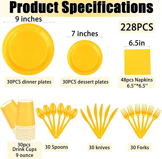 228PCS Yellow Party Supplies Set Include Paper Plates Cups Paper Napkins Plastic Spoons Forks Knives for 30 Guests Disposable Party Dinnerware for Birthday Wedding Family Picnic