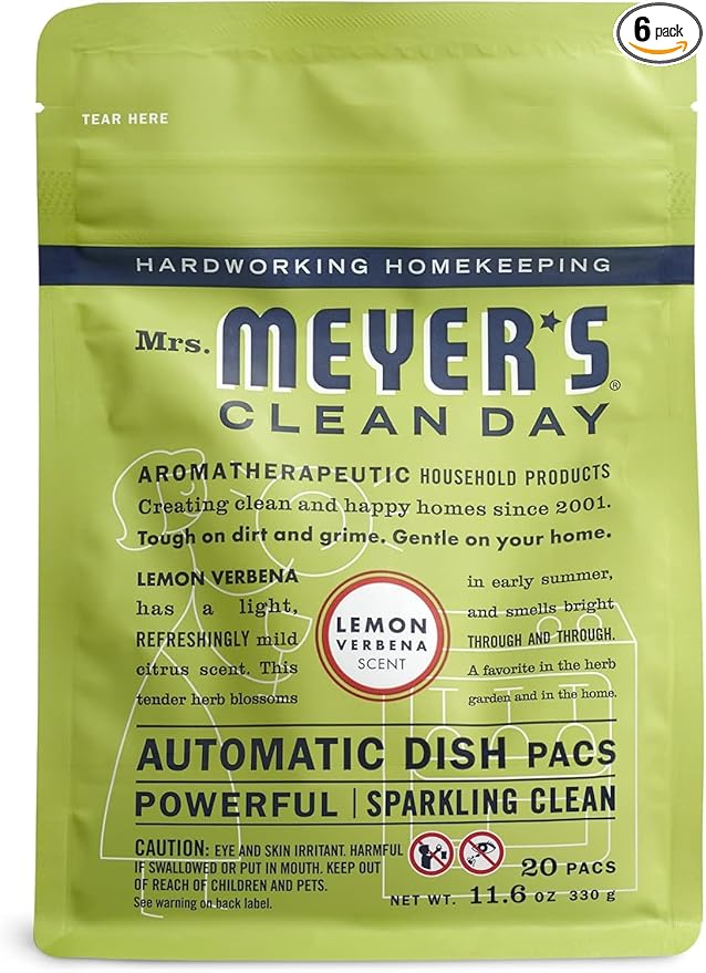 MRS. MEYER'S CLEAN DAY Automatic Dishwasher Pods, Lemon Verbena, 20 Count (Pack of 6)