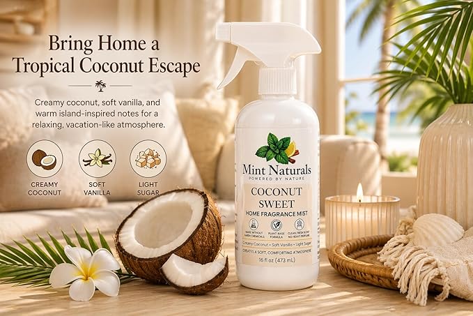 Natural Sweet Coconut Room Spray & Odor Eliminator – Creamy Coconut Vanilla Fragrance Mist That Helps Refresh Indoor Air, 16 oz – Made in USA by Mint Naturals
