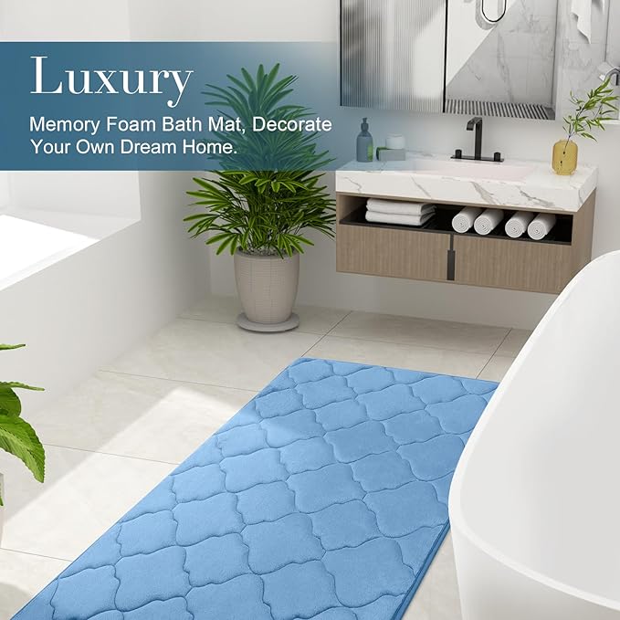 OLANLY Memory Foam Bath Mat Rug 47x24, Ultra Soft and Absorbent Bathroom Rugs, Non-Slip, Comfortable, Machine Washable Bath Carpet for Bathroom Floor, Tub, Shower and Home Decor Accessories, Blue