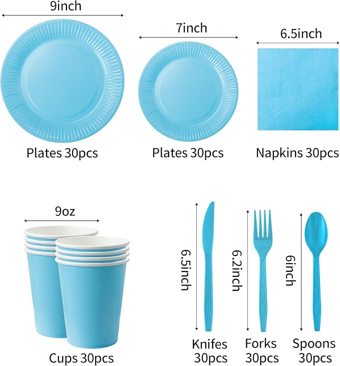 210-Piece Disposable Light Blue Paper Plates Party Supplies - Party Plates, Cups, And Napkins Sets, Light Blue Plastic Silverware, Serves 30 People