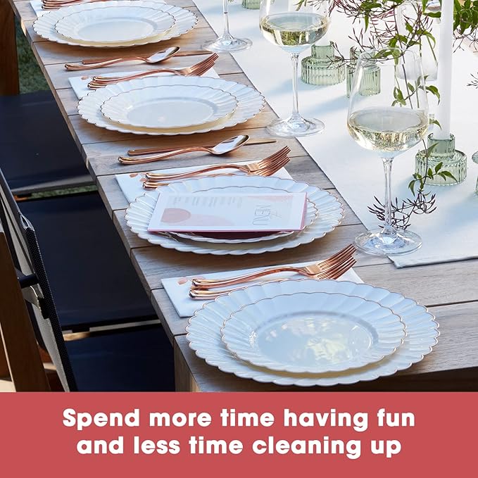 By Madee HEAVYWEIGHT 100 Pc Fancy Disposable Plates Set | Ivory Scalloped Premium Disposable Plates with Rose Gold Trim | 50 Dinner & 50 Dessert Plates (50 Guests)
