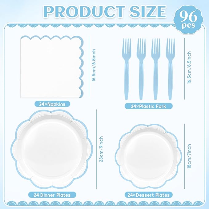 96 Pcs Light Blue and White Paper Plates and Napkins Set, Tableware set for 24 Guest include White Dessert Plates with baby Blue Scalloped Edge, Napkins and Forks for Baby Boy Shower,Wedding
