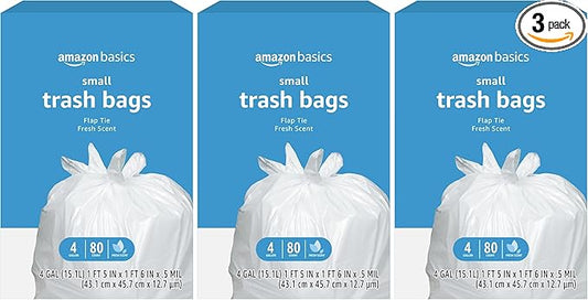 Amazon Basics Trash Bags, 4 Gallon, 80 Count (Pack of 3) | Flap Ties | Fresh Scent