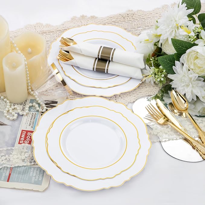 Liacere 350PCS Gold Plastic Plates-Disposable White and Gold Plates 50guest Baroque Plastic Dinnerware include 100Plates, 50Pack Pre Rolled Napkins with Silverware 50Cups for Wedding & Mothers Day