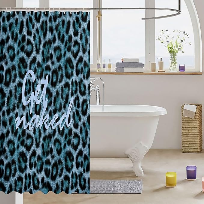 Feelyou Leopard Print Get Naked Shower Curtain for Bathroom Decor Funny Quotes Bath Curtain for Stalls Bathtubs Blue Bathroom Accessories Cheetah Waterproof Polyester Fabric with 12 Hooks 72"x84"