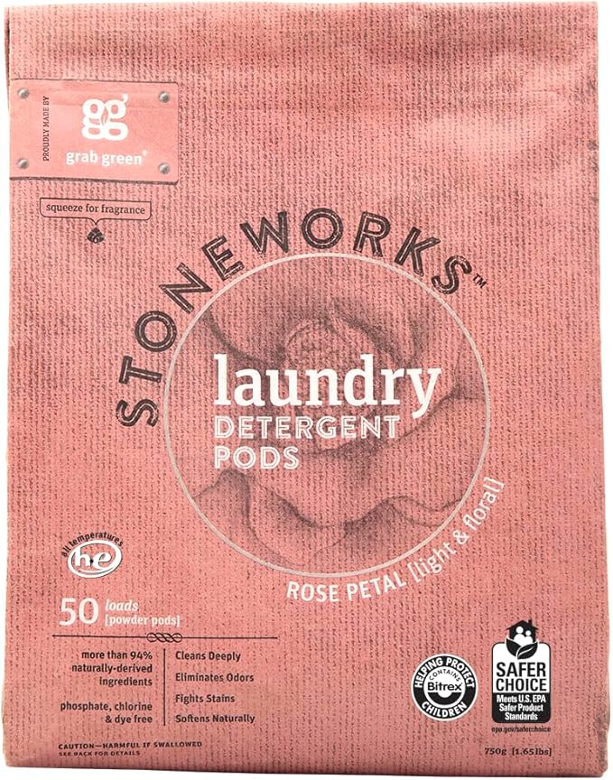 Grab Green Stoneworks Laundry Detergent Pods, 50 Count, Rose Petal Scent, Plant and Mineral Based, Cleans Deeply, Eliminates Odors, Fights Stains, Softens Naturally, Packaging May Vary