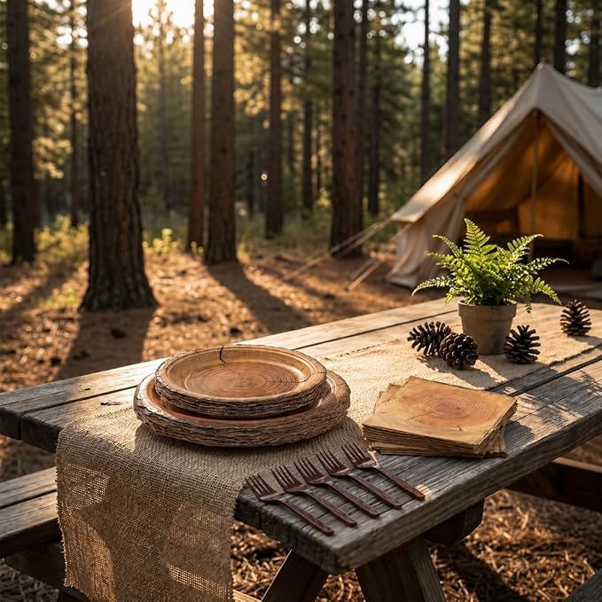 100 Pcs Rustic Wood Grain Slice Party Supplies for 25 Guests, Heavy-Duty 7" & 9" Paper Plates, 2-Ply 13" Napkins & Plastic Forks, Disposable Tableware Set for Camping Forest Woodland Party