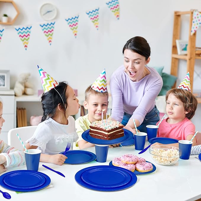 228PCS Blue Party Supplies Set Include Paper Plates Cups Blue Napkins Plastic Spoons Forks Knives for 30 Guests Disposable Party Dinnerware for Birthday Wedding Family Picnic