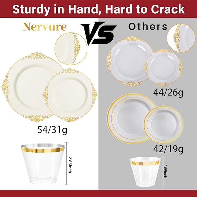 Nervure 350PCS Ivory Plastic Plates - Ivory Gold Plastic Dinnerware Sets for 50 Guests - 100 Gold Disposable Plates, 50 Pre Rolled Silverware Sets, 50 Cups Perfect for Wedding & Party