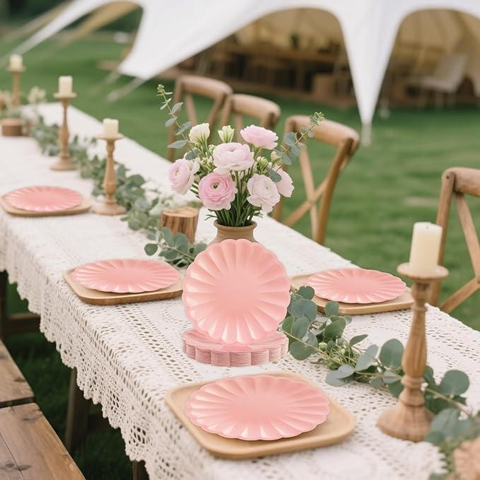 50Pcs Large Scalloped Light Pink Paper Plates 7Inch Shell Edge Dessert Plates for Cake Salad Fruit Disposable Dessert Serving Plates for Birthday Wedding Baby Shower Party Decorations