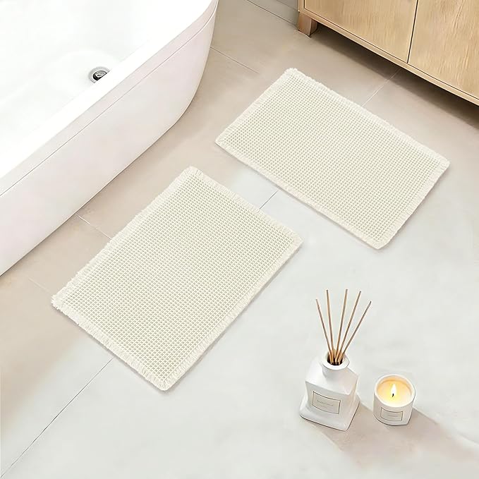 DWCN Waffle Bathroom Mat Set, Super Absorbent Non Slip Bath Rug Set for Bathroom Floor, Shower Mats 2 Pcs for Tub, Washable Kitchen Rugs for Farmhouse Boho Home Decor, 24 x 16 Inch, Ivory
