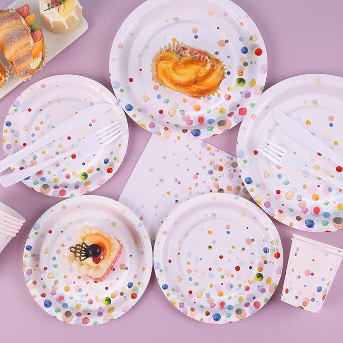 Colorful Birthday Plates and Napkins 168PCS Happy Birthday Party Plates Set for Holiday Party Supplies Bubble Decorations,Confetti Colorful Paper Plates Disposable Tableware Serve 24