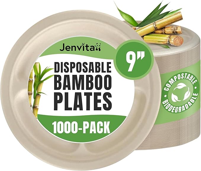 Bamboo Paper Divided Plates Disposable (1000-Pack, 9-inch) - Sturdy & Microwave Safe | Compostable Plates with Compartments | PFAS Free, Biodegradable | FSC Certified Alternative to Plastic