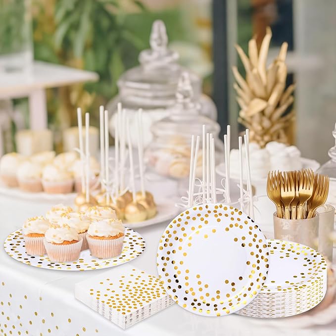 White and Gold Paper Plates and Napkins Tablecloth Party Supplies,Serves 25 Guests White Gold Plates and Napkins Tablecloth,Disposable Tableware Set for Birthday Graduation Retirement Decorations