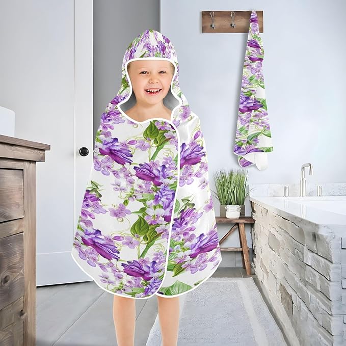 CEBUGI Purple Flowers Hooded Bath Towel for Kids Absorbent Soft Bath Towel Wrap with Hood 50x23.5in Pool Beach Shower Towel for Boys Girls