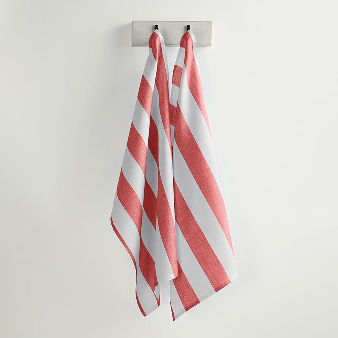Solino Home Red and White Linen Kitchen Towels Set of 2-100% Pure Linen 17 x 26 Inch Cabana Stripe Tea Towels with Hanging Loop - European Flax Kitchen Dish Cloth - Quick Dry & Machine Washable