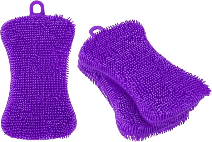 uxcell Silicone Dish Scrubber, 3 Pack Reusable Dishes Sponges Silicone Sponges Double Design for Kitchen Bathroom Cleaning Gadgets Accessories Countertop Cookware Pots Pans, Purple