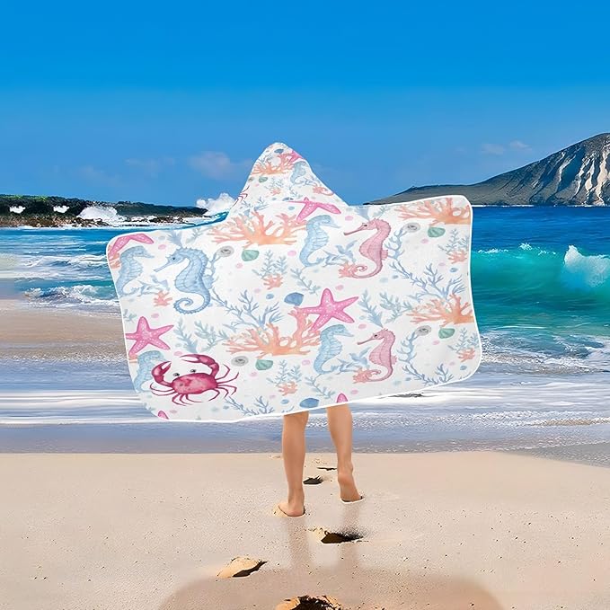 CEBUGI Starfish Hooded Bath Towel for Kids Absorbent Soft Bath Towel Wrap with Hood 50x23.5in Pool Beach Shower Towel for Boys Girls