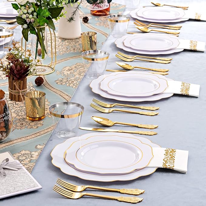 NOCCUR 175PCS Gold Plastic Plates with Disposable Silverware - White Gold Plastic Tableware Include 25 Dinner /25 Dessert Plates, 75 Cutlery, 25 Cups, 25 Napkins - Ideal for Party/Wedding