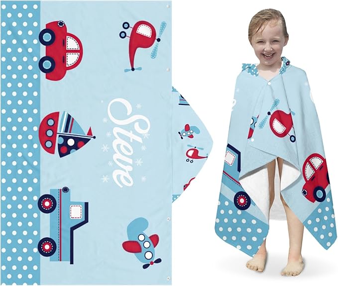 Custom Car Truck Blue Hooded Bath Beach Towel, Oversize 50"x30" Beach Bath Pool Hood Towel for Kids Cover up