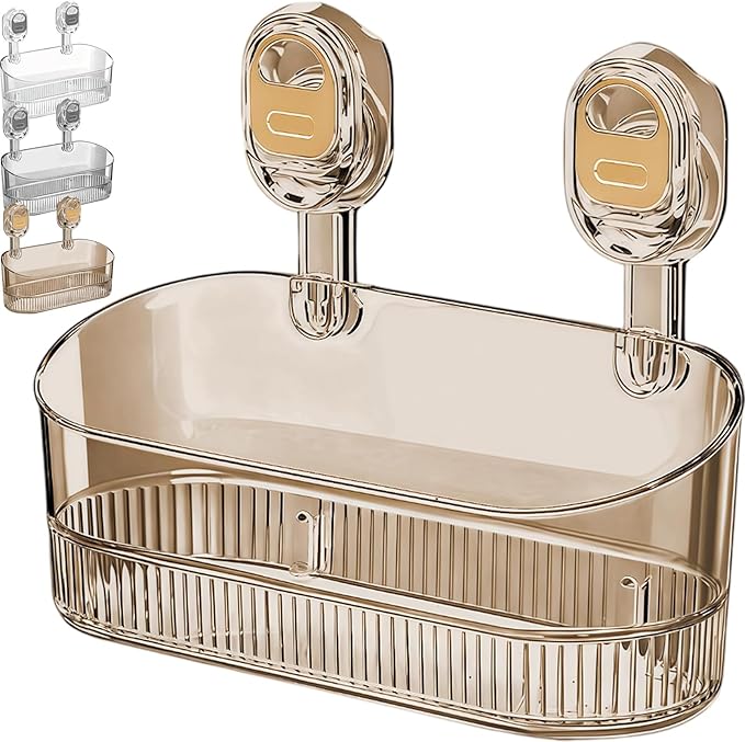 No-Drill Bathroom Suction Storage Box – Large Capacity & Strong Load-Bearing, No Drill Bathroom Shelves Storage with Drain Holes (1, Gold)